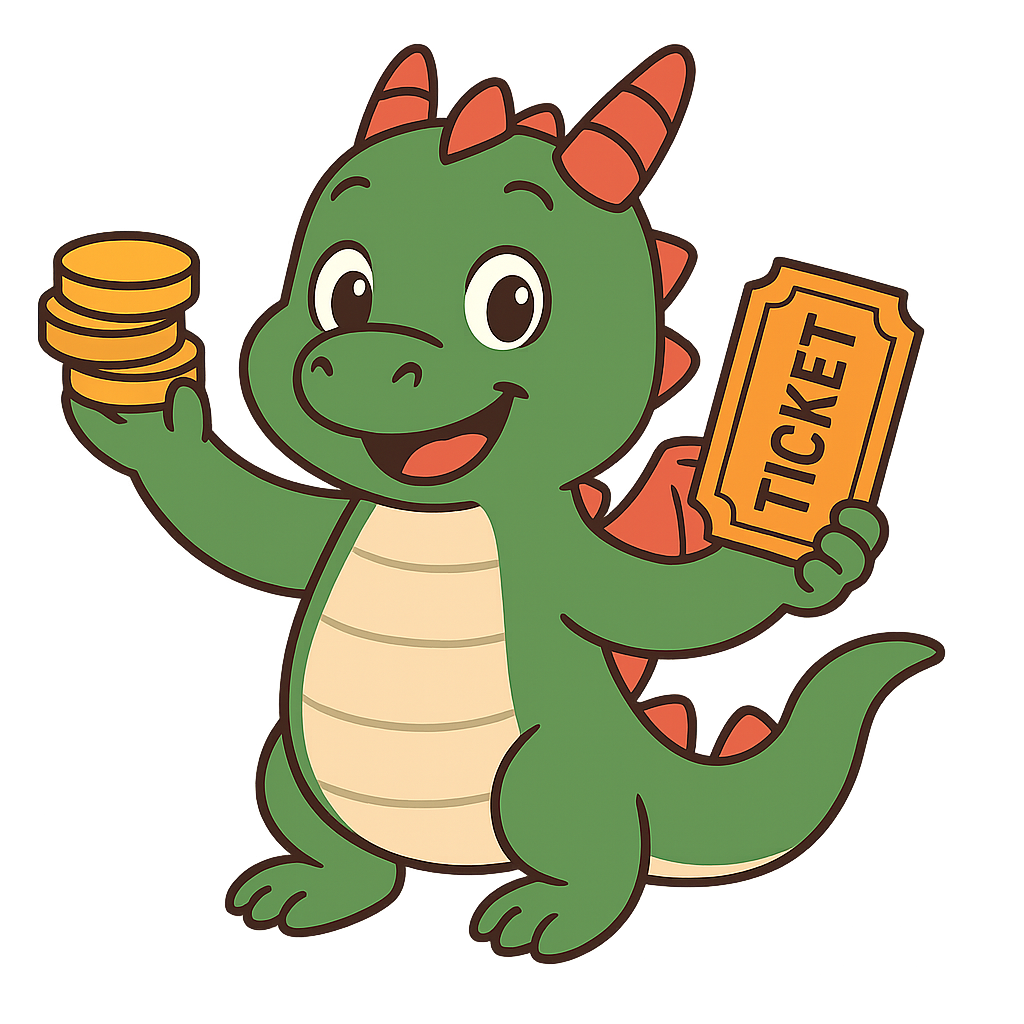 Super-Dubber Drache mit Münzen und Ticket