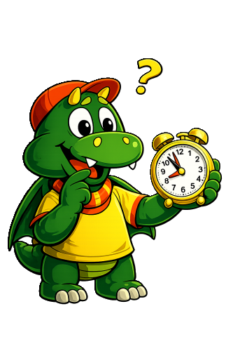Drache Dubber schaut auf die Uhr