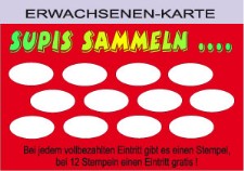 Erwachsenen-Karte „Supis sammeln" mit 12 Stempelfeldern – bei jedem vollbezahlten Eintritt gibt es einen Stempel, bei 12 Stempeln einen Eintritt gratis