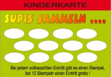 Kinderkarte „Supis sammeln" mit 12 Stempelfeldern – bei jedem vollbezahlten Eintritt gibt es einen Stempel, bei 12 Stempeln einen Eintritt gratis